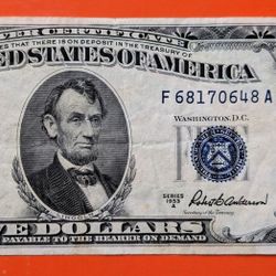 Vintage 1953 blue seal $5 bill silver certificate note old paper money American currency