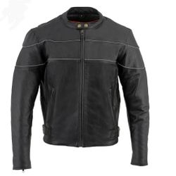 New Men's Milwaukee Black Leather Scooter Style Motorcycle Jacket, Reflective Piping & Side Stretch, SH1785