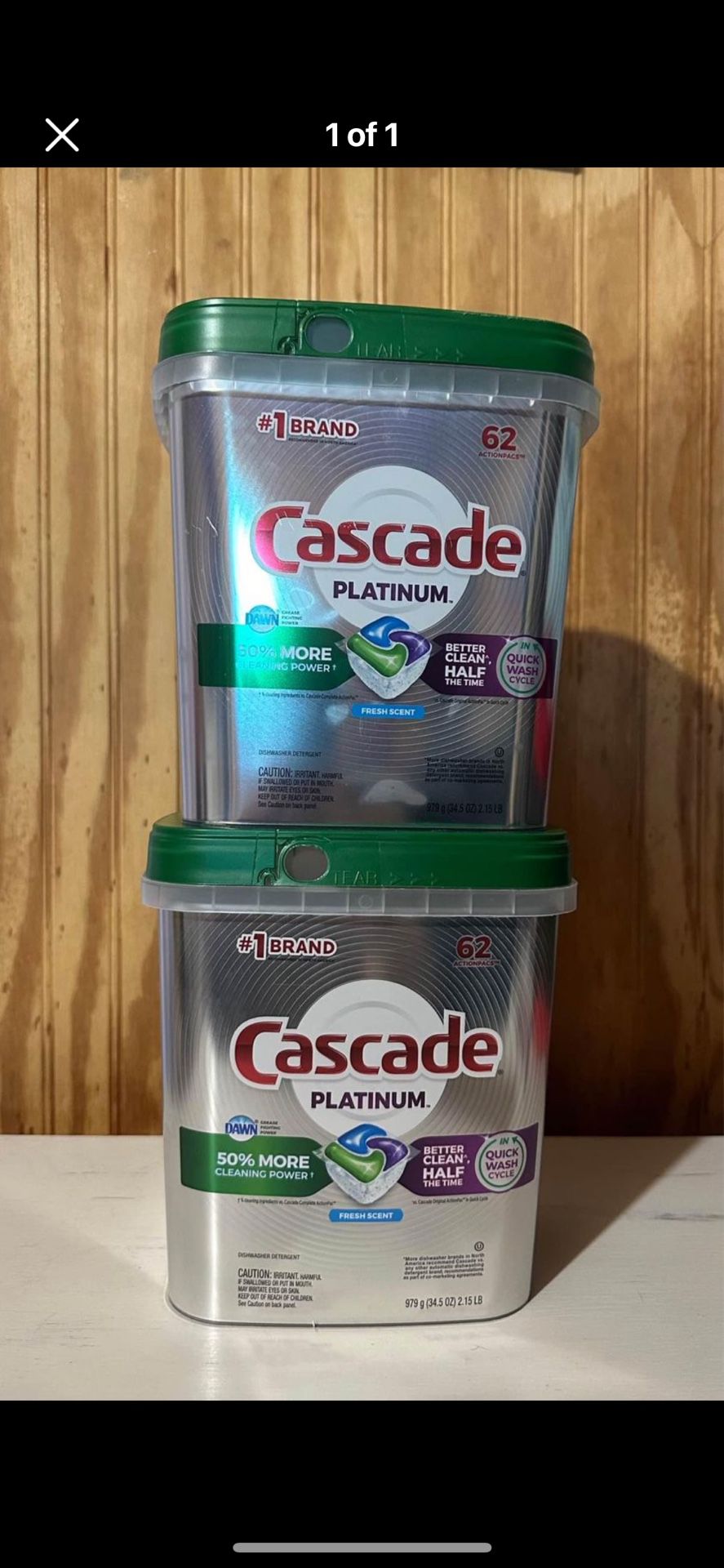 2 Cascade Platinum ActionPacs, Dishwasher Detergent, Fresh Scent, 62 count each.