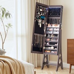BTEXPERT Mirror Jewelry Cabinet – Full-Length Frameless LED Armoire with Lock, Large Storage Organizer (Brown) 