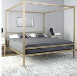 King Gold Canopy Bed Frame + BRAND NEW Mattress – Modern Luxury