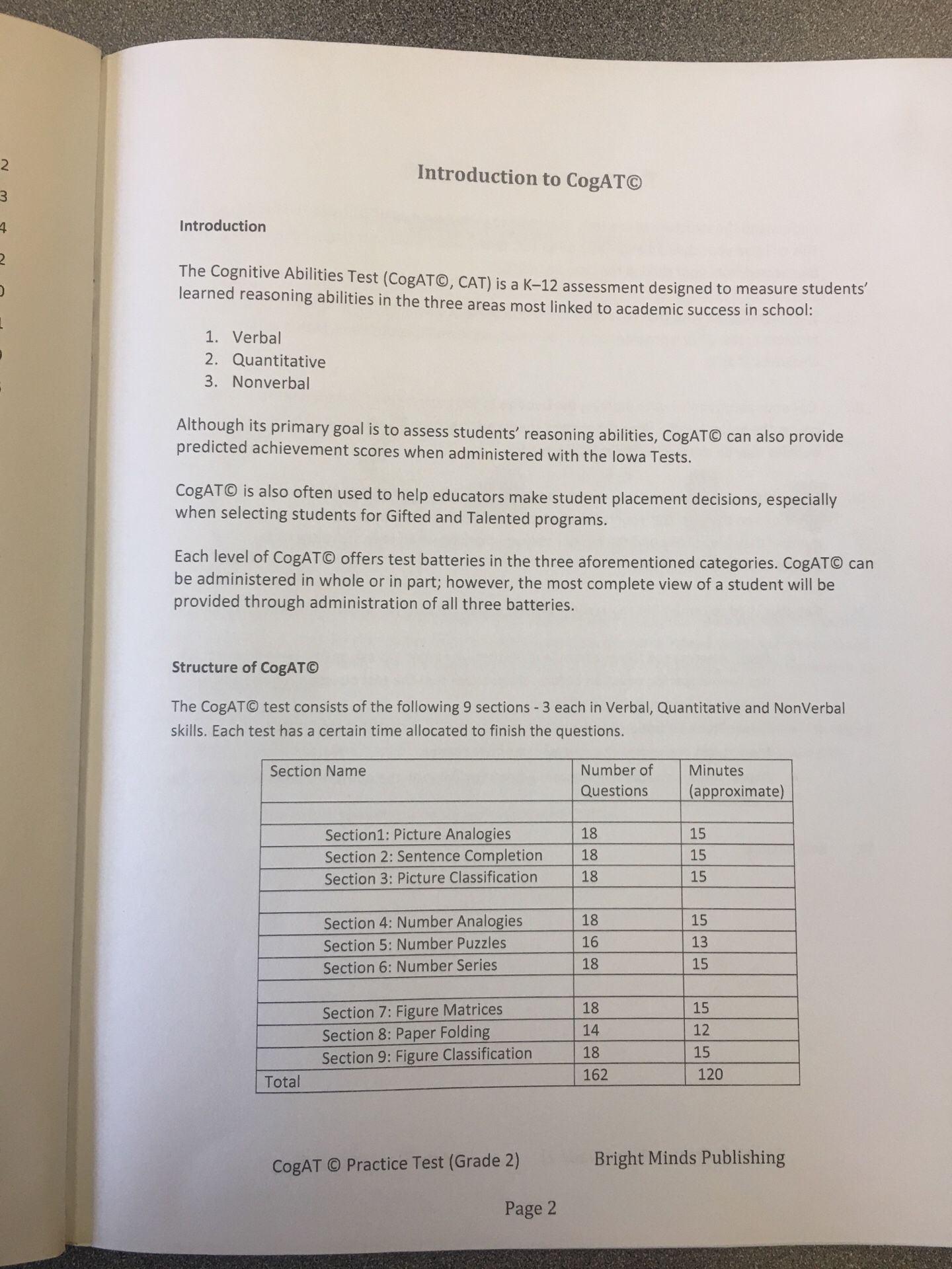 CoGAT Practice Test Grade 2 second grade Like New, Bright Minds Publishing with answer keys