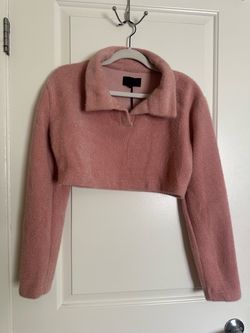 Pink Cropped Collared Knit Sweater