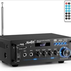 Moukey 2.0 Channel Stereo Bluetooth 5.0 Karaoke Amplifier, 300W Audio Stereo Receiver with RCA, USB, SD, 2 Mic Inputs, FM Radio