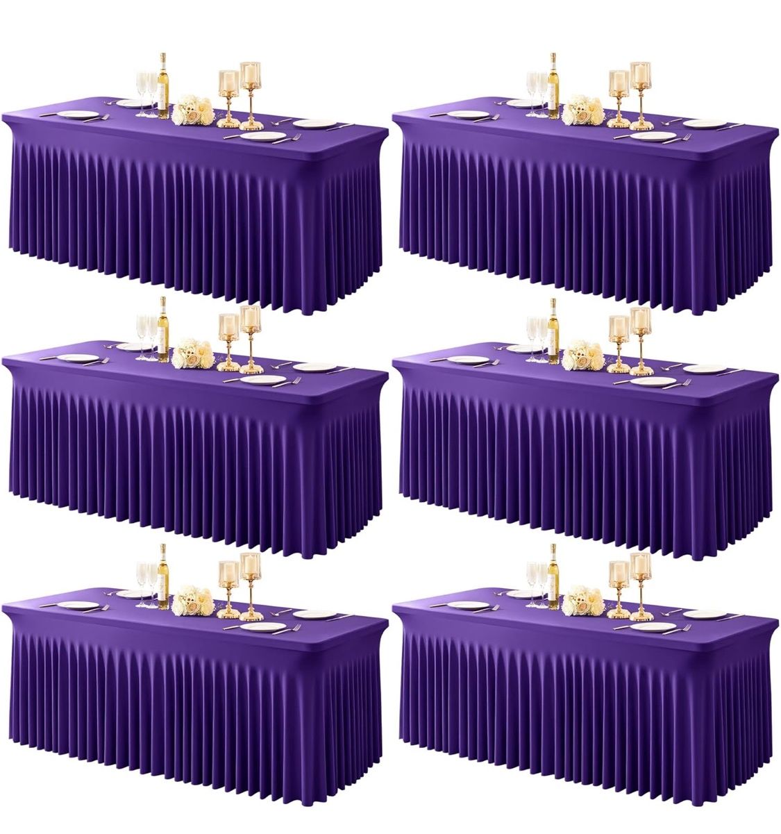 Party Talk 6 Packs Purple Table Clothes for 6 Foot Rectangle Tables, One-Piece Wrinkle Resistant Stretch Spandex Table Covers with Skirt for Events