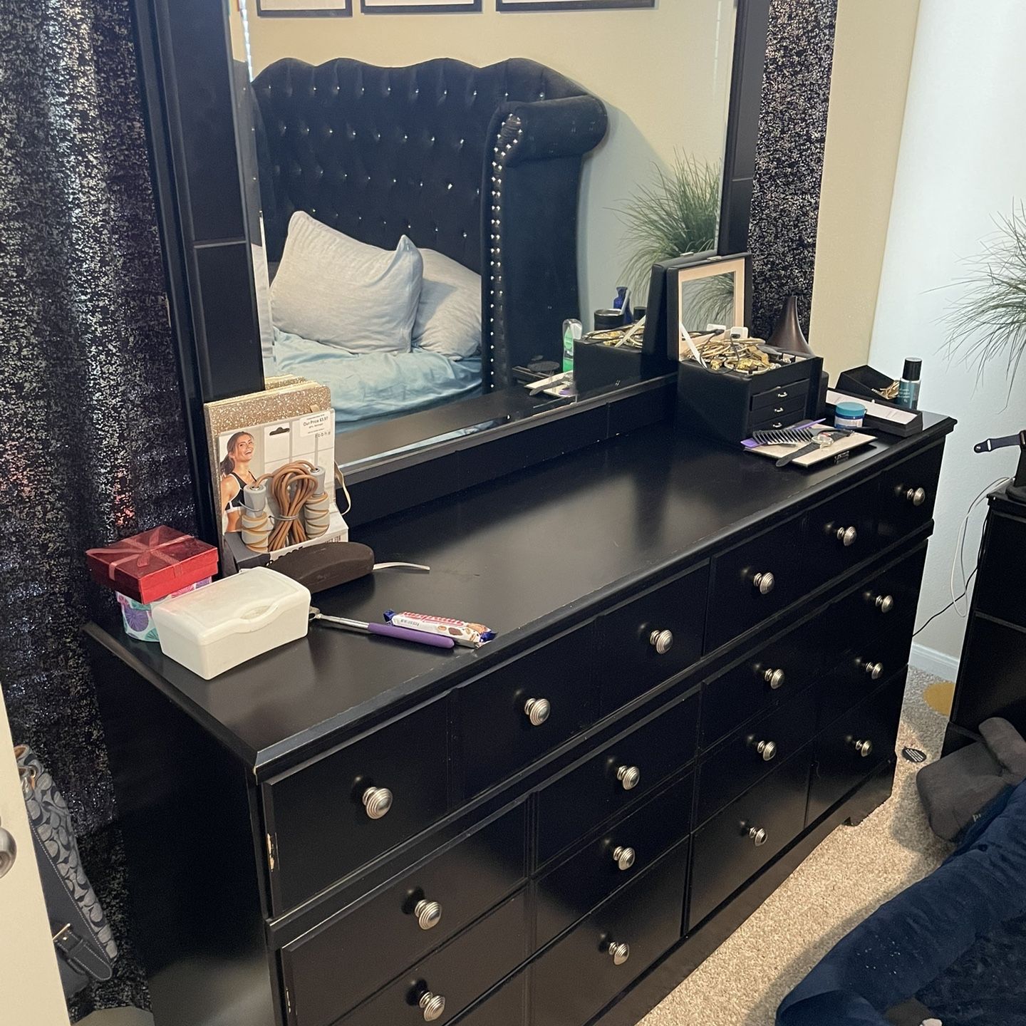 black silver dresser Benjara Geny Black and Silver 6 drawer 58.4 in. Dresser with Mirror BM338466