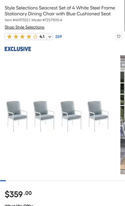 New In Box Set of 4 White Steel Frame Stationary Dining Chair with Blue Cushioned Seat