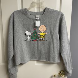 Charlie Brown Snoopy Christmas Sweatshirt, Gray Crop Top, Junior XL, New