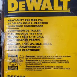 DEWALT HEAVY DUTY COMPRESSOR  225 MAX PSI , 15 GALLON ELECTRIC WORKSHOP COMPRESSOR 