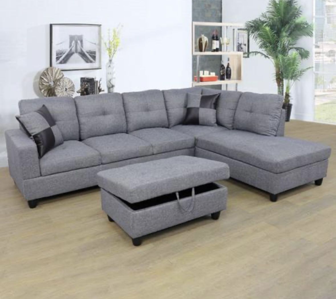 Brand New Grey Linen Sectional Sofa With Storage Ottoman