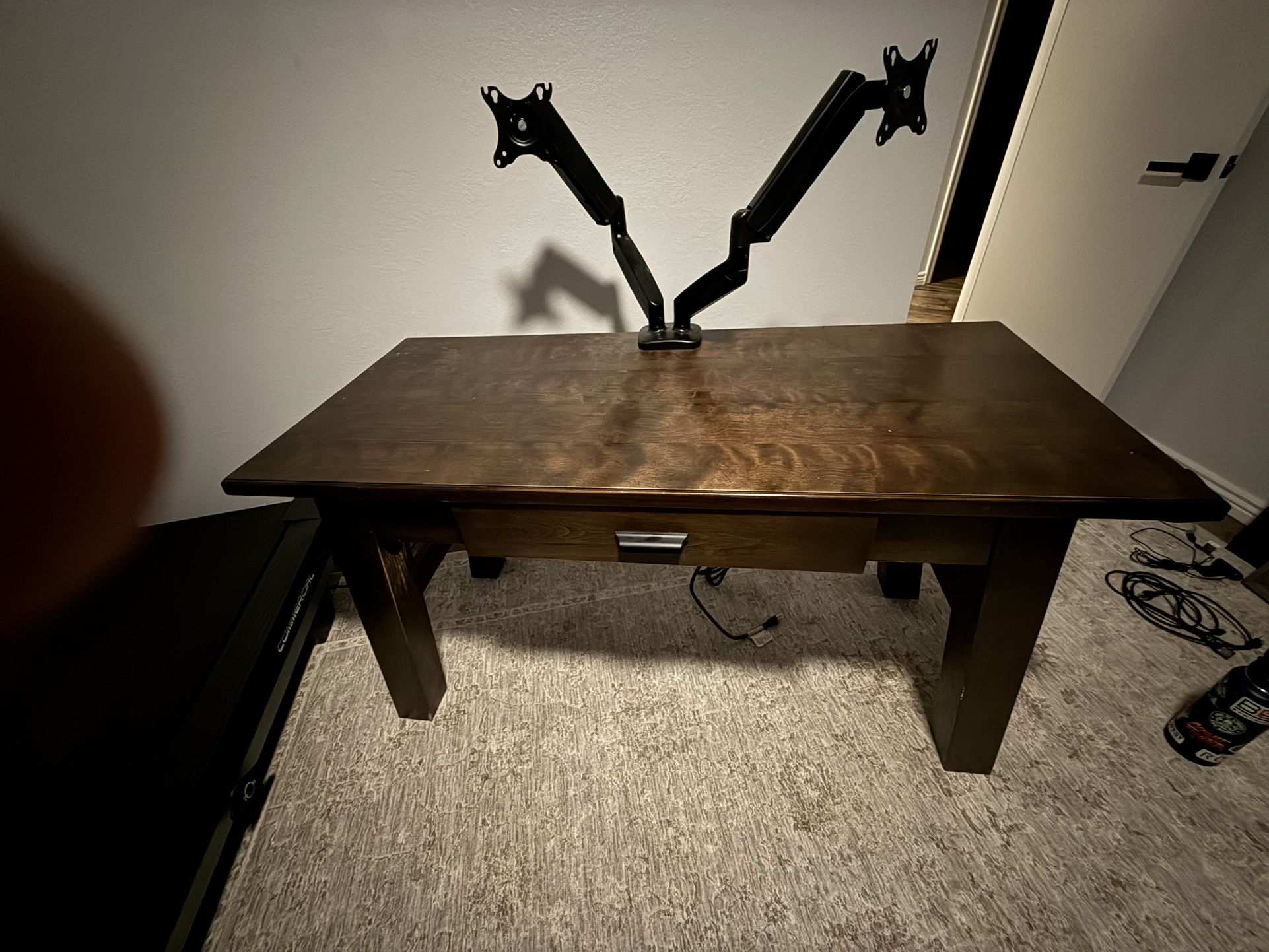 Wood Desk With Dual Monitor Stand And Power Strip