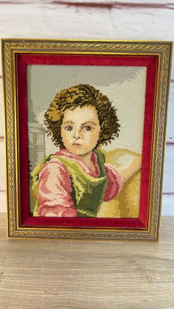 Vintage Crewel Textile Wall Art Child