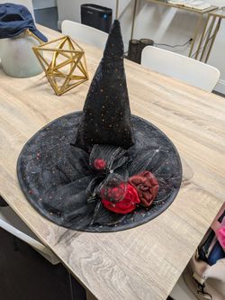Black Witch Hat with Rose Detail