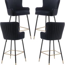 30" Black Bar Stools Set of 4, Velvet Upholstered Kitchen Island Bar stools with Wing Back, Mid Century Gold Bar Stools with Armrests and Footrest Hig