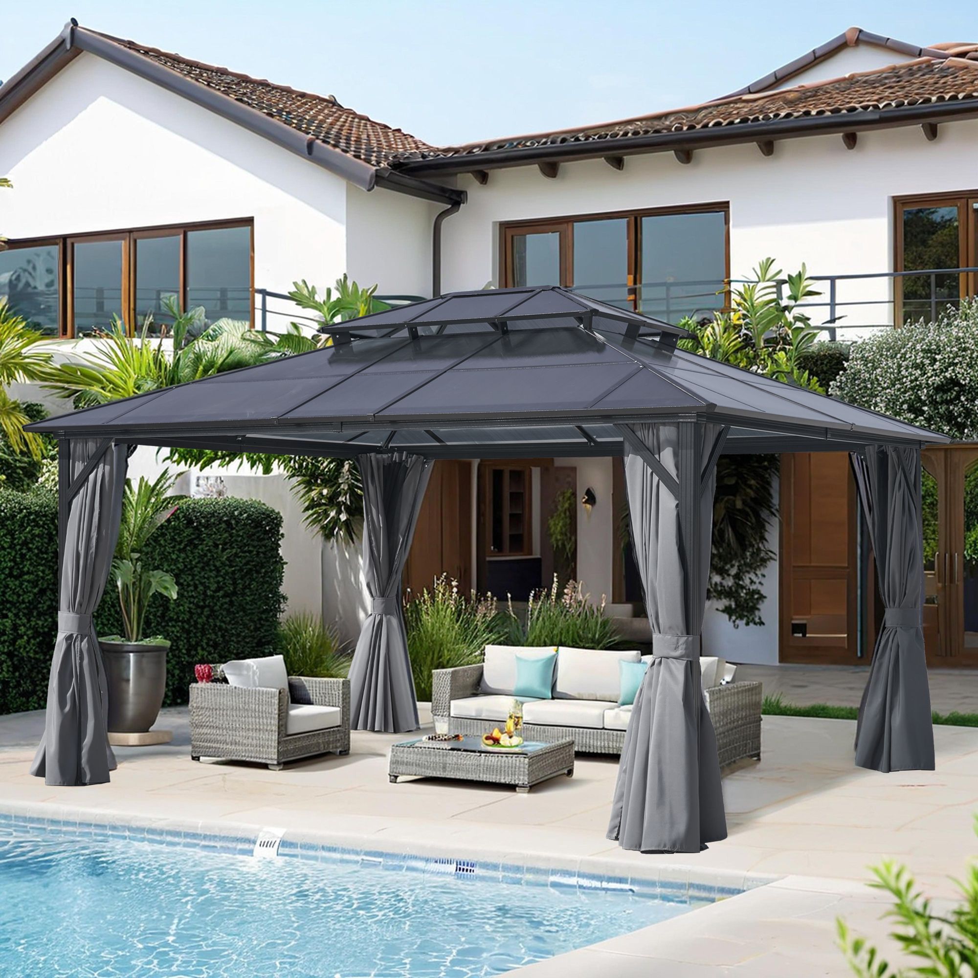 12x16FT Hardtop Gazebo Double Roof Canopy Outdoor with Netting and Curtains, Aluminum Frame Polycarbonate Roof Garden Tent for Patio, Backyard, Deck, 