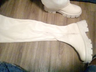 Cream Leather Knee High Boots 