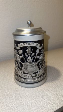 German Navy & Grey Beer Stein Mug, Hinged Lid & Thumb Lift
