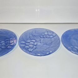 Vintage KIG Frosted Blue Glass Grape Embossed Plates Set of 3 Satin Finish