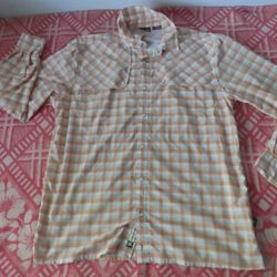 Howler Bros Pearl-Snap Shirt Peach Orange Plaid Vented Long Sleeve  L  (flaw)