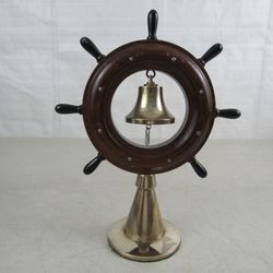 Maritime Nautical Wooden Ship's Wheel Desk Top Gong Bell 10 1/4" Tall


