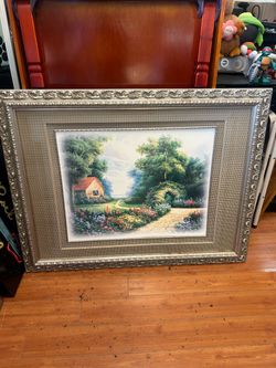 Framed Garden Cottage Landscape Painting