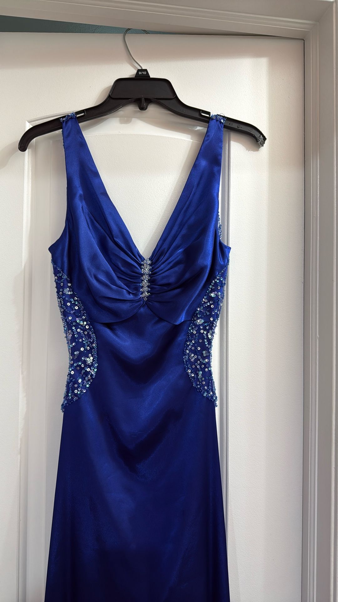 Royal Blue Satin Evening Gown with Beaded Details