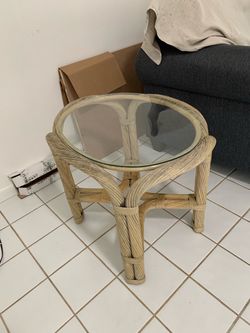 Round Rattan Side Table with Glass Top