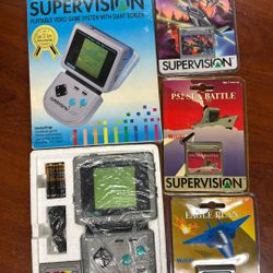 SUPERVISION PORTABLE VIDEO GAME SYSTEM WITH GIANT SCREEN COMES WITH CRYSTALBALL GAME AND 3 SEALED ADDITIONAL GAMES
