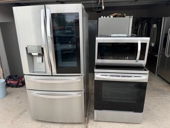 LG ThinQ appliance set fridge microwave and stove stainless steel