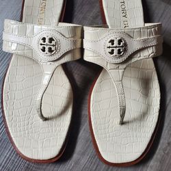 New Tory Burch "Carson" Crocodile Embossed Leather Sandals