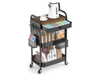ALVOROG Rolling Cart with Drawer and Wood Table Top, 3 Tier Metal Rolling Utility Cart
