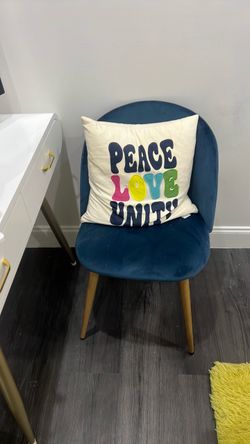 Blue Velvet Accent Chair with Peace Love Unity Decorative Pillow