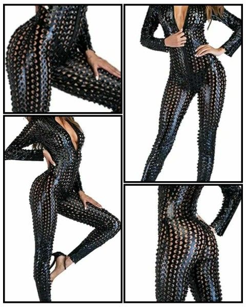 NEW METALLIC BLACK CATSUIT BODYSUIT SNAKESKIN CUTOUT STRETCHY ONE SIZE ONESIE HALLOWEEN COSTUME