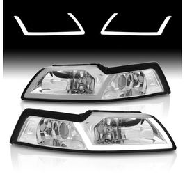 Compatible With 1999-2004 Ford Mustang DRL LED Strip Bar Chrome Housing Headlights With Amber Reflector