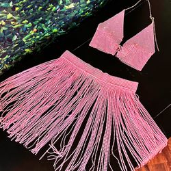 EDC Pink Sparkly Rave Outfit - Sequin Fringe Skirt and Top