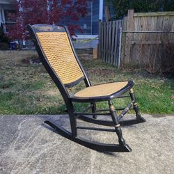 Antique Hitchcock Style Black Stenciled Rocking Chair with Cane Back and Cane Seat