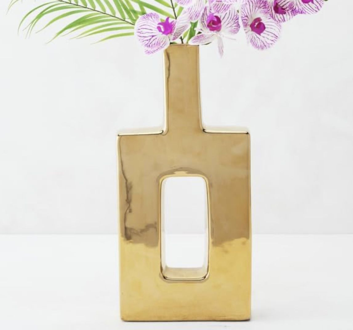 Gold Large Ceramic Vase for Flowers - Contemporary Decorative Modern Abstract Geometric Centerpiece 