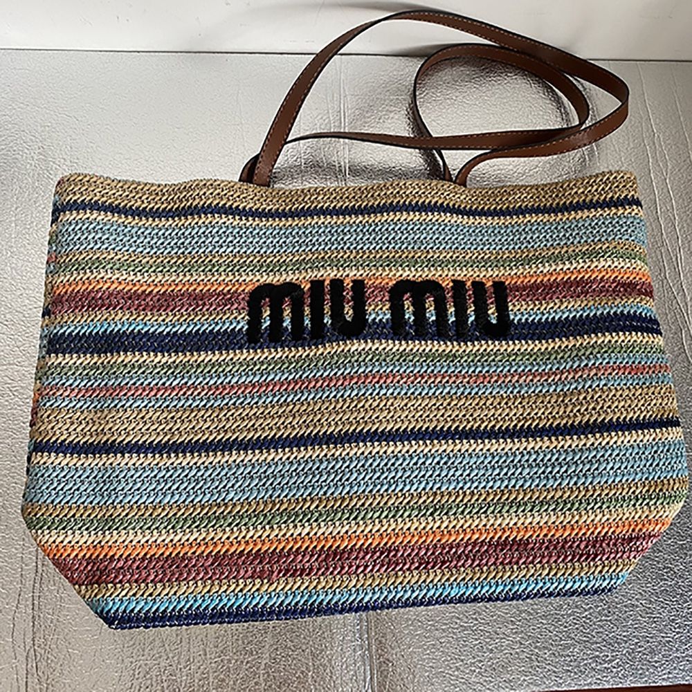 Miu Striped French Tote Bag Travel Bag Woven Bag