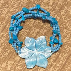 Shell flower bracelet tropical blue seed beads and stones stretch band