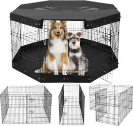 Dog Playpen, 8 Pcs 30" H x 24" W Metal Panels with Bottom Pad and Top Cover