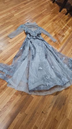 Long Sleeve Gown Dress Beaded Silver