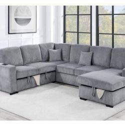 $649-4Piece Convertible Sectional Sleeper Sofa ,Chaise Storage ,Sofa Storage & USB Ports 98” x 103” x 61” x36”H
