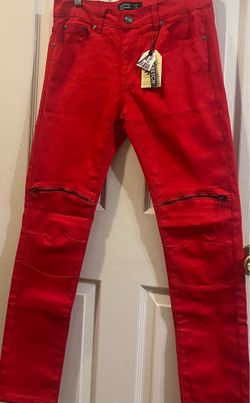 NWT Men's Nathan Denim Red Moto Distressed Stretch Skinny Biker Jeans Size 30