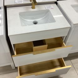 30” bathroom vanity cabinet new solid wood fully assembled Softclose drawers Quartz top sink attached brushed gold ready for pick up today