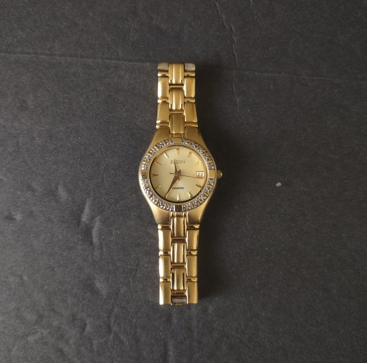 Elgin Diamond Gold Tone Watch EG185N Diamond Bezel Link Band 7" Vintage