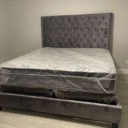 6ft Tall Bed Frame Grey Velvet With Nailheads 