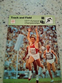 Vintage 1979 sportscaster track and field/1971 European championships/three doubles/ olympic collector card # 82-11