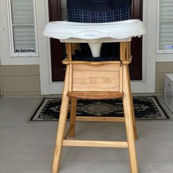 Highchair — Eddie Bauer, wood with blue seat cover