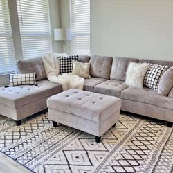 COSTCO Gray Chenille Sectional Couch And Ottoman 