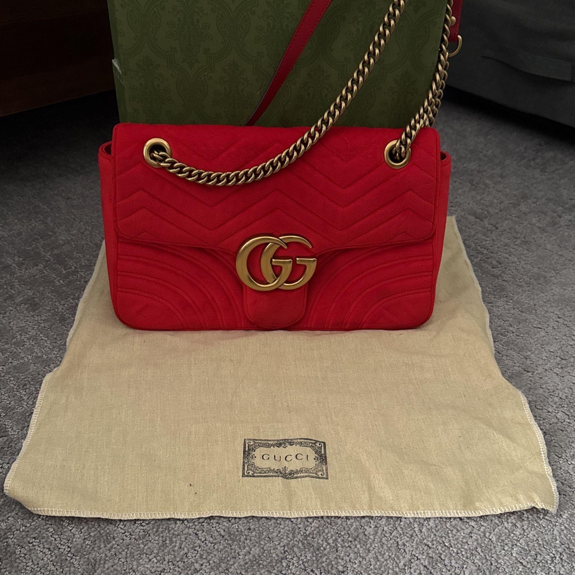 Gucci Velvet Matelasse Medium GG Marmont Shoulder Bag Hibiscus Red